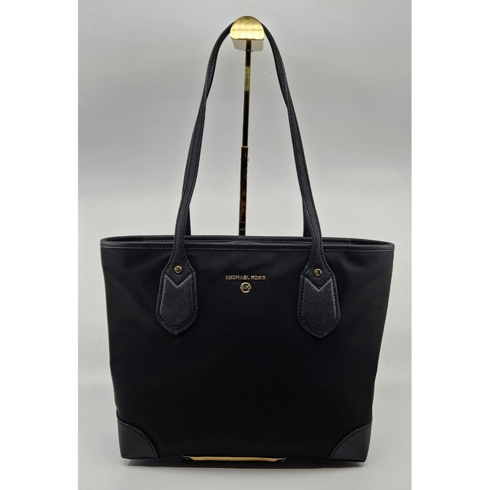 Michael Kors Black Nylon Leather Eva Small Tote Top Handle Shoulder Bag Handbag